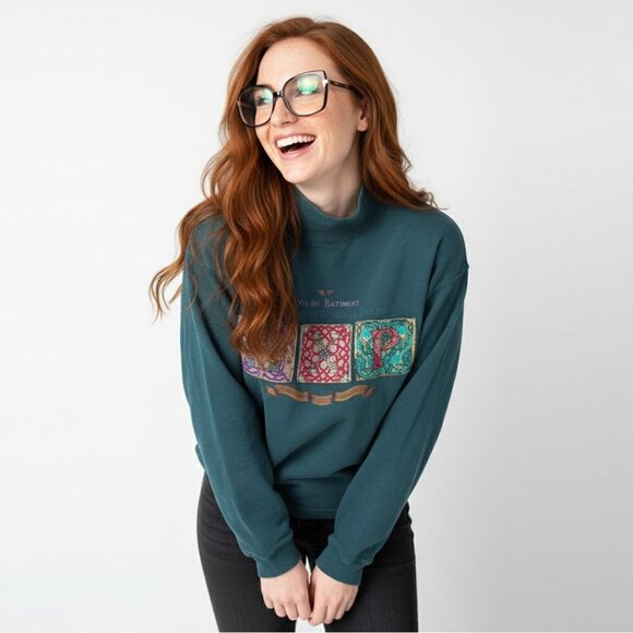 Vintage 90s Green Mock Neck Sweatshirt with Embroidered Tapestry Art 100% Cotton - Picture 3 of 11